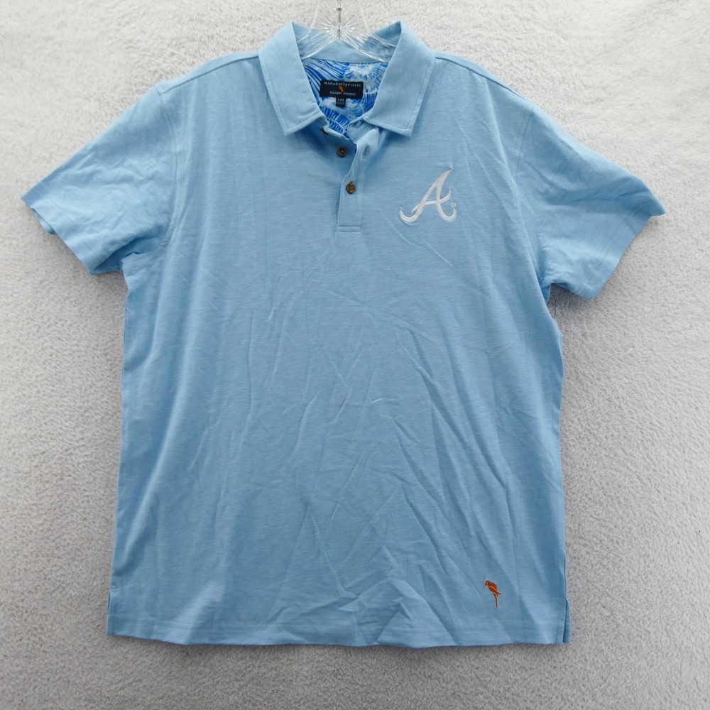 Margaritaville Polo Mens Large Atlanta Braves Blue Fins Up Shark‎ Graphic Shirt